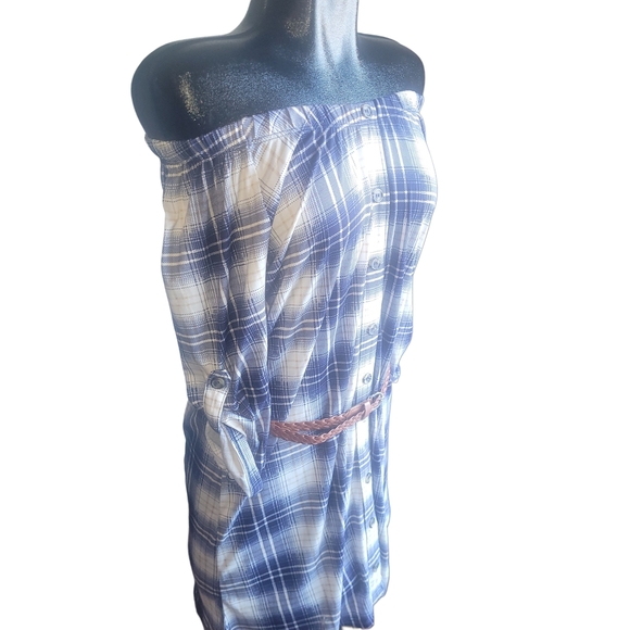 My Style Blue Plaid Faux Button Front Dress with Belt Sz.S - Picture 4 of 7